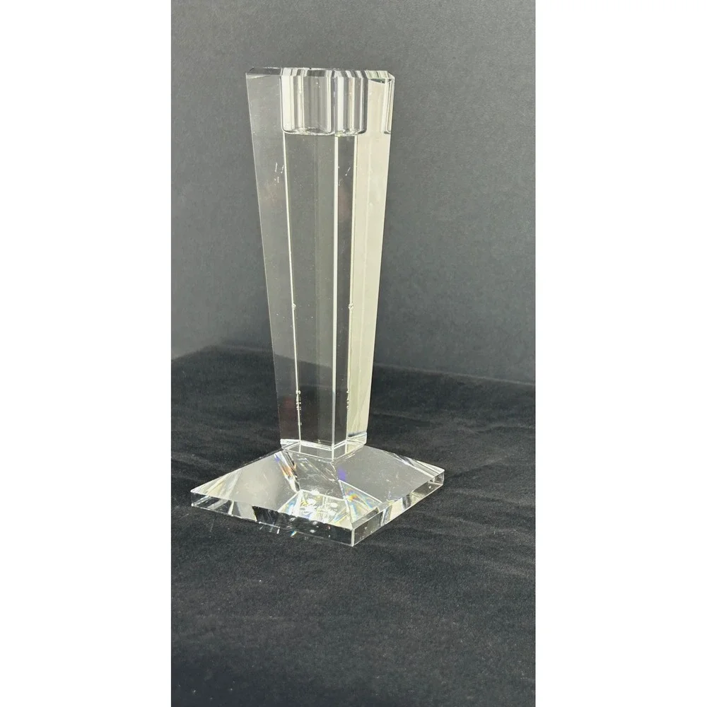 Oleg Cassini Crystal Candlestick Holder Signed Tapered Geometric Clear Glass 6in